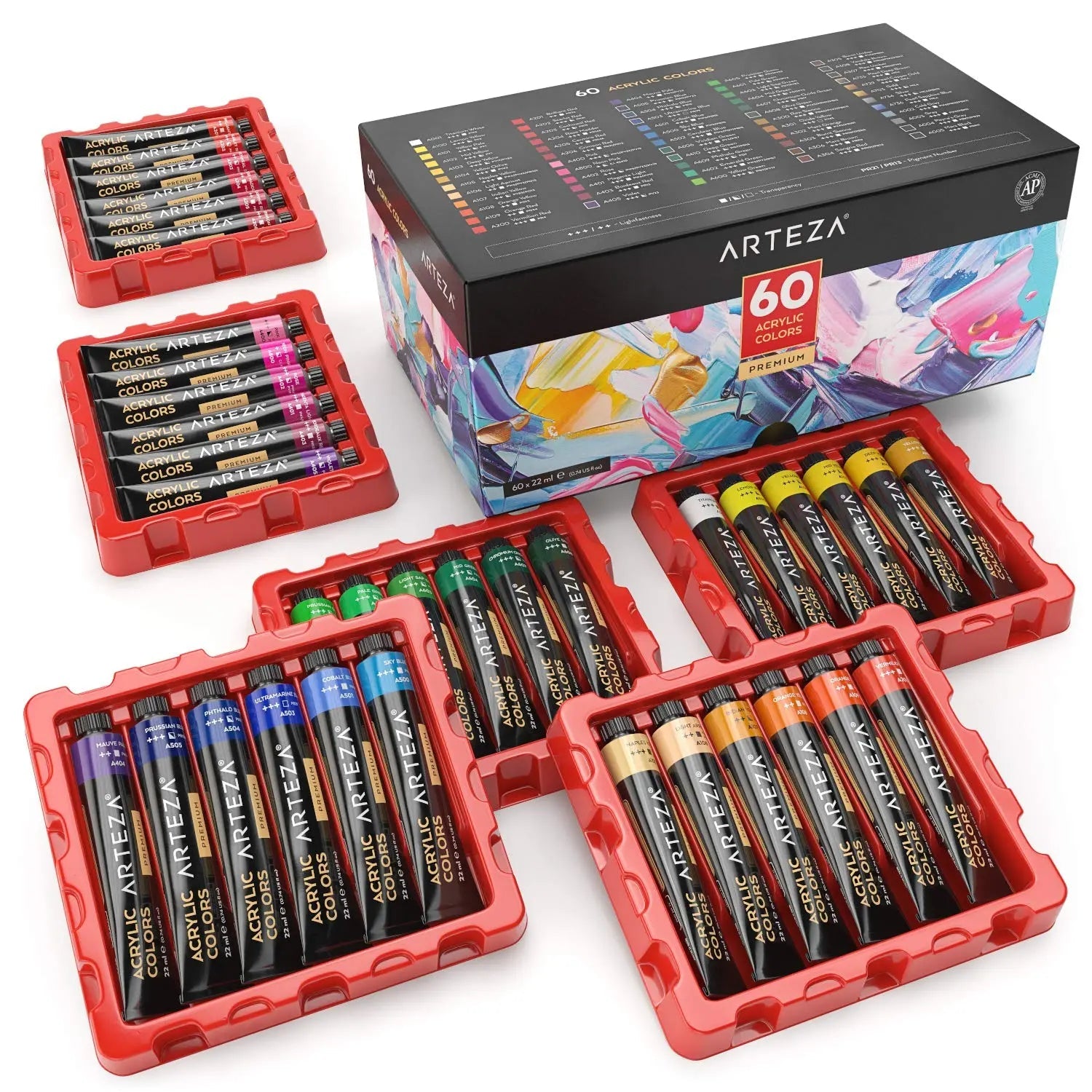 Arteza Premium Acrylic Paint Assorted Colours Set with Storage Box